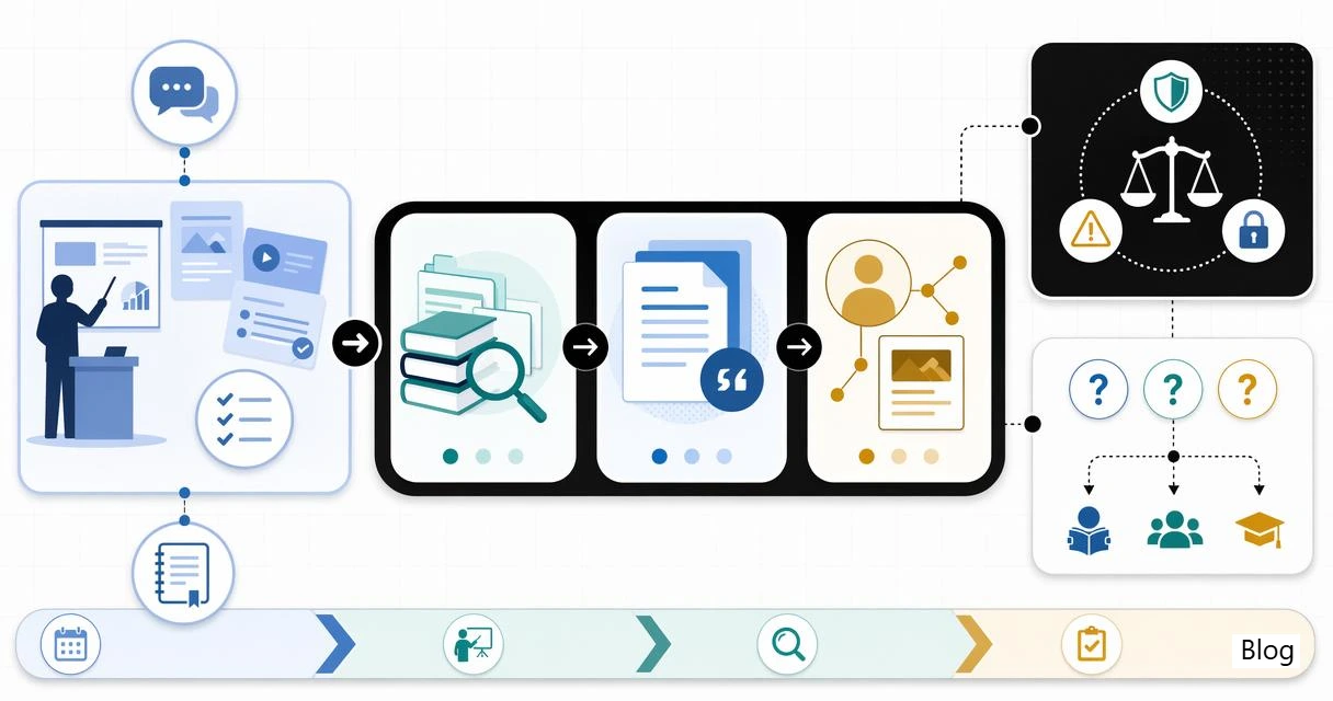 An infographic showing professors using AI for teaching, research, publishing, policy safeguards, and future faculty workflows.