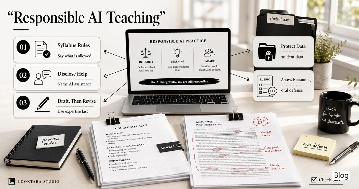 Faculty teaching workflow with syllabus rules, disclosure, data privacy, and assessment checks.