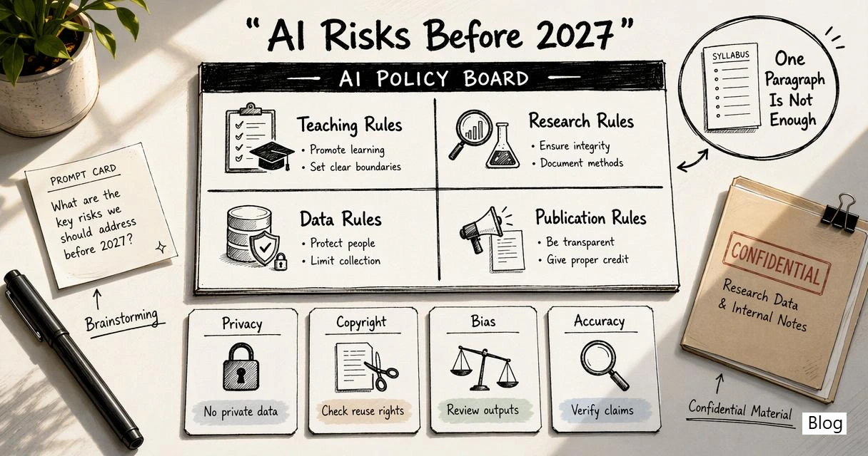 Annotated AI policy board showing teaching, research, data, and publication risks before 2027.
