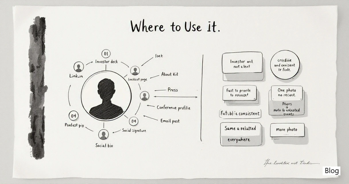 Annotated diagram showing where founders should use AI headshots across channels.
