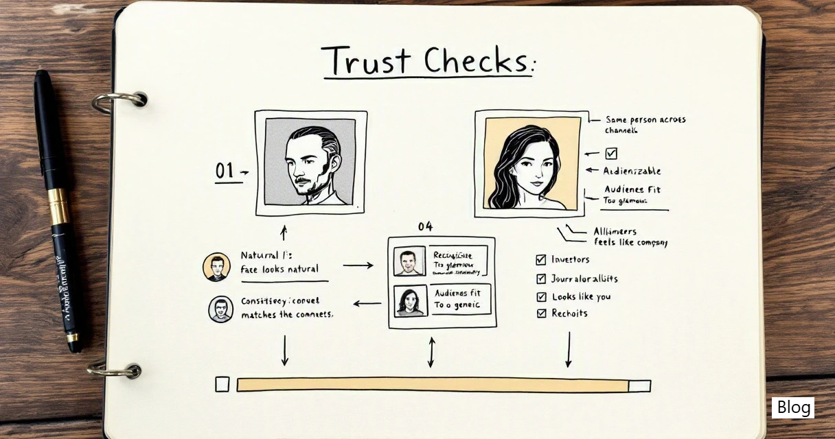 Annotated trust-check diagram comparing natural and mismatched AI founder headshots.