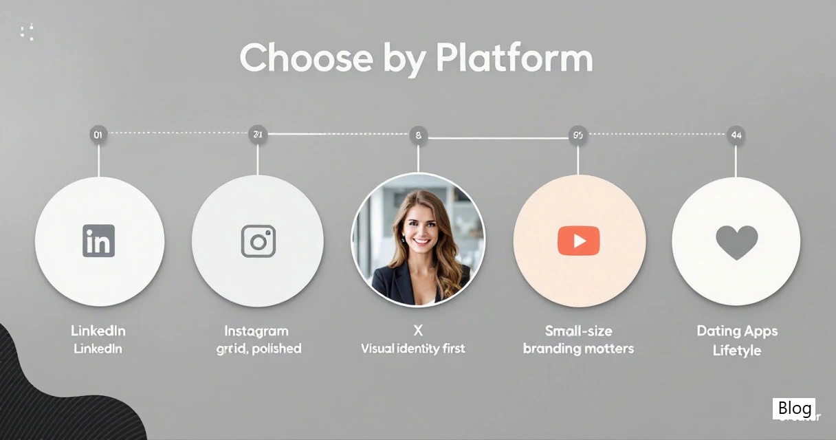 Platform-specific AI profile picture styles for LinkedIn, Instagram, X, YouTube, and dating apps.