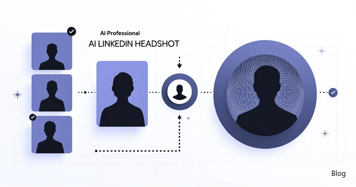Infographic showing an AI LinkedIn headshot workflow from input photos to style selection, realism review, and profile upload.