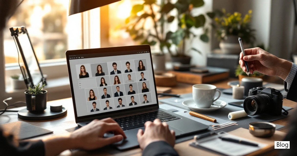 Hands preparing input photos and styling for an AI LinkedIn headshot workflow