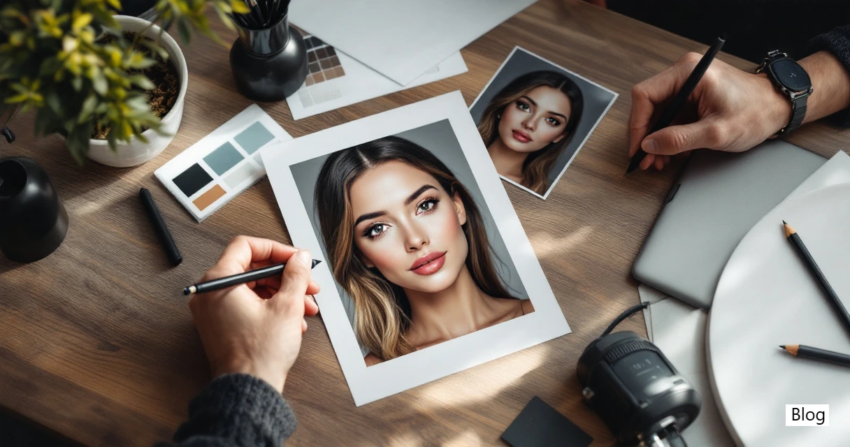 Hands reviewing AI headshot realism with printed proofs and a magnifying loupe