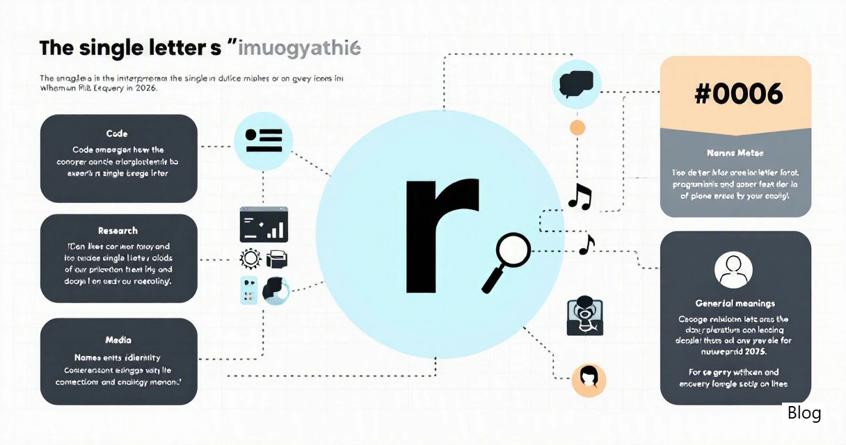 Infographic showing how the single-letter query r can mean different things across coding, research, music, and identity, and how it connects to search intent and professional branding.