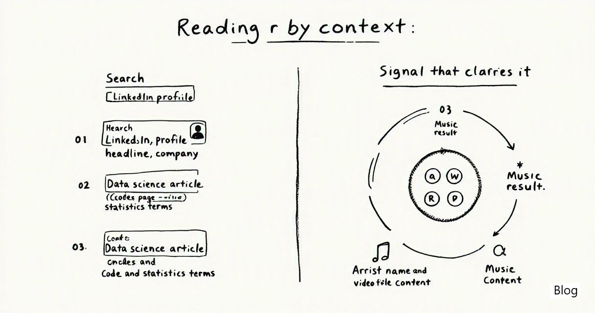 Infographic showing how the meaning of r changes by context across search results and professional profiles.