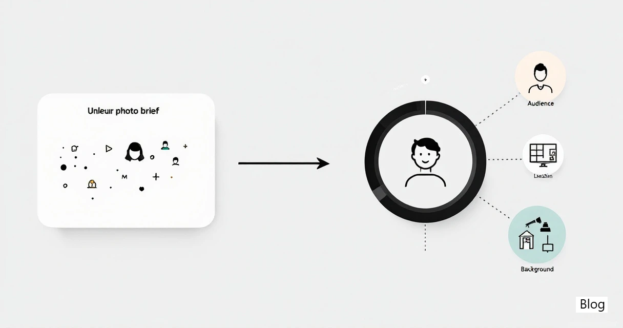 Infographic showing a vague photo brief transforming into structured professional headshot requirements and a polished profile image.