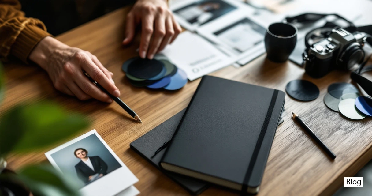 Hands organizing headshot brief materials on a professional studio planning table