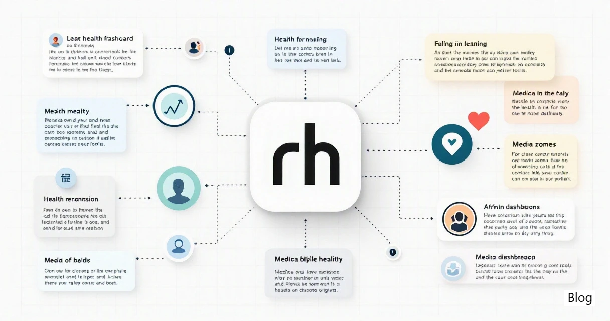 Infographic showing rh as a context-dependent initialism across health, media branding, and professional profiles, with a central decoding diagram and connected icon-based sections.