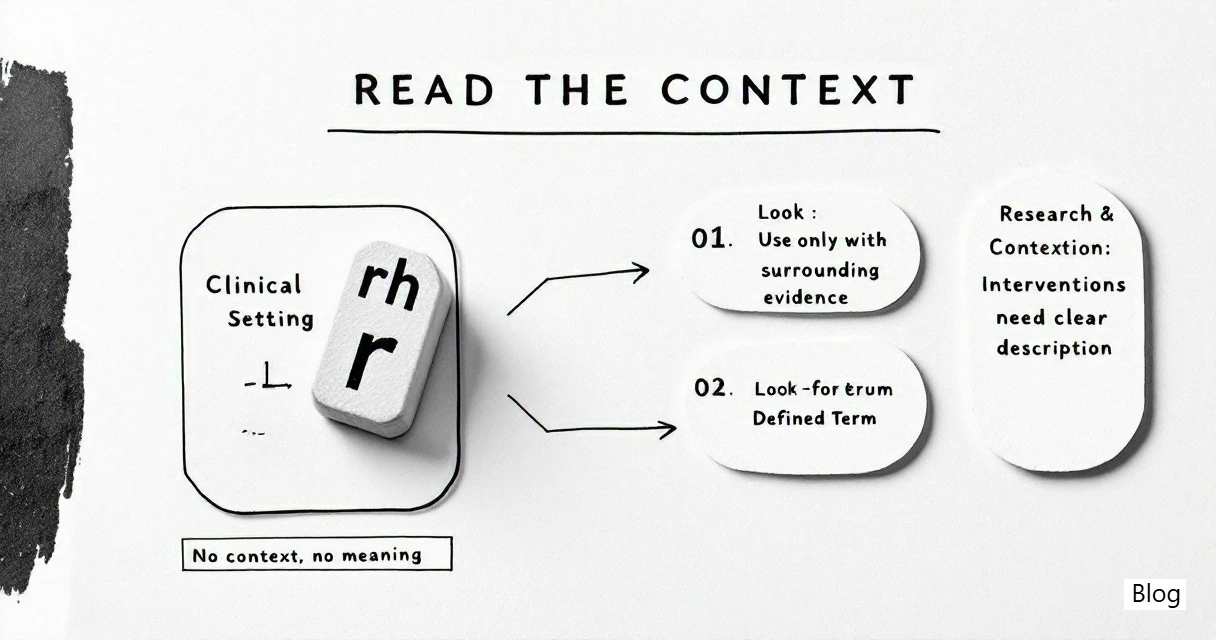 Medical infographic showing that abbreviations like rh must be read in clinical context.