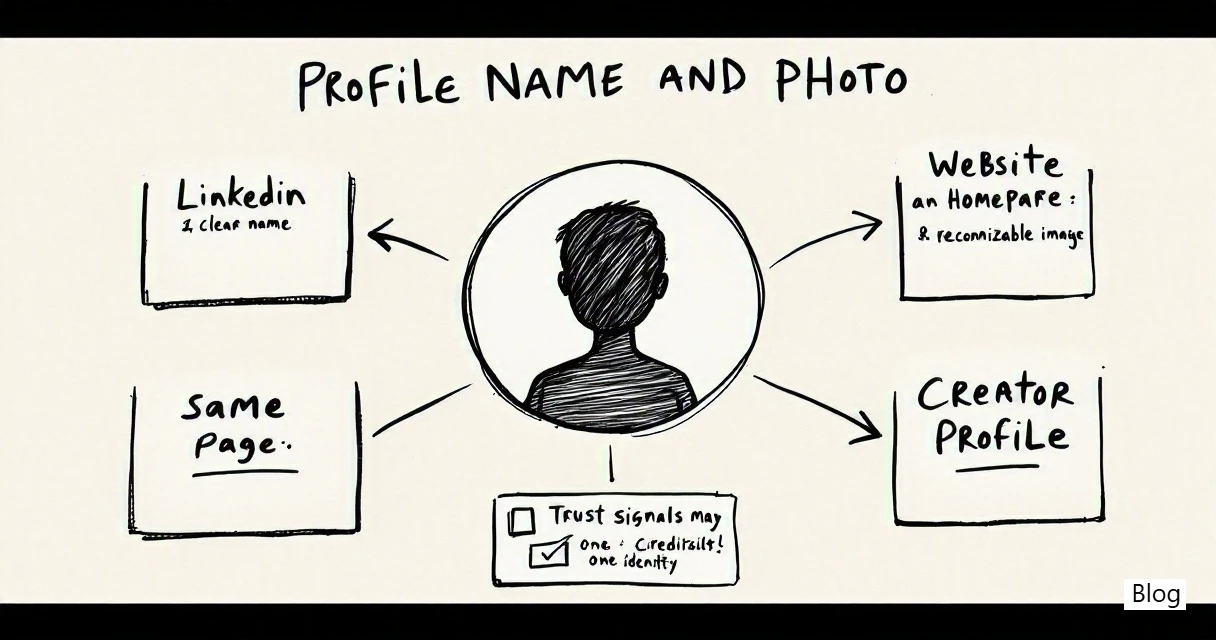 Annotated diagram showing how consistent names and headshots improve recognition across platforms.