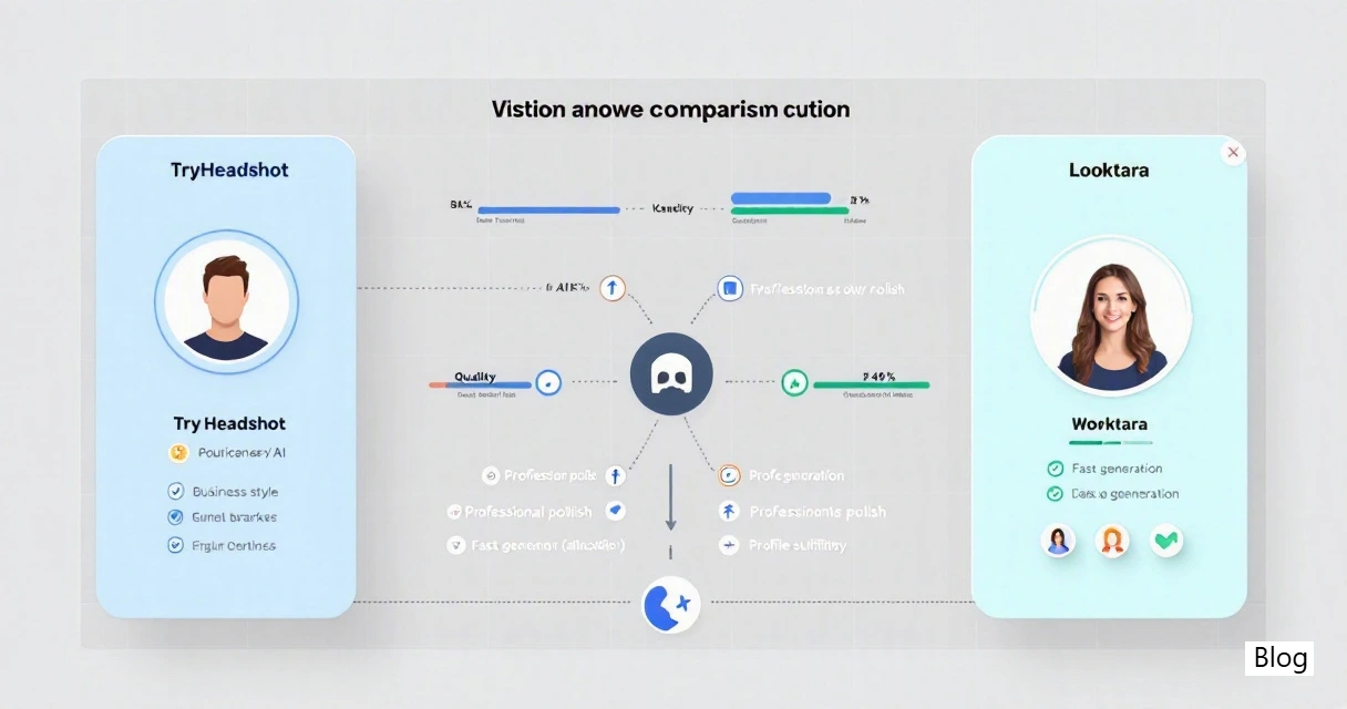 A side-by-side infographic comparing TryHeadshot and Looktara for professional AI headshots, with visual cues for realism, style, workflow, and best-fit decision criteria.