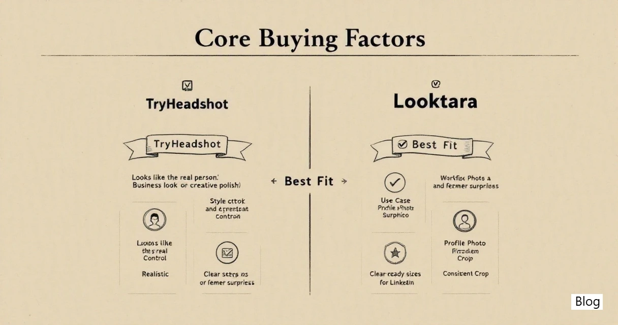 Comparison infographic showing TryHeadshot and Looktara across realism, workflow, and profile use cases.