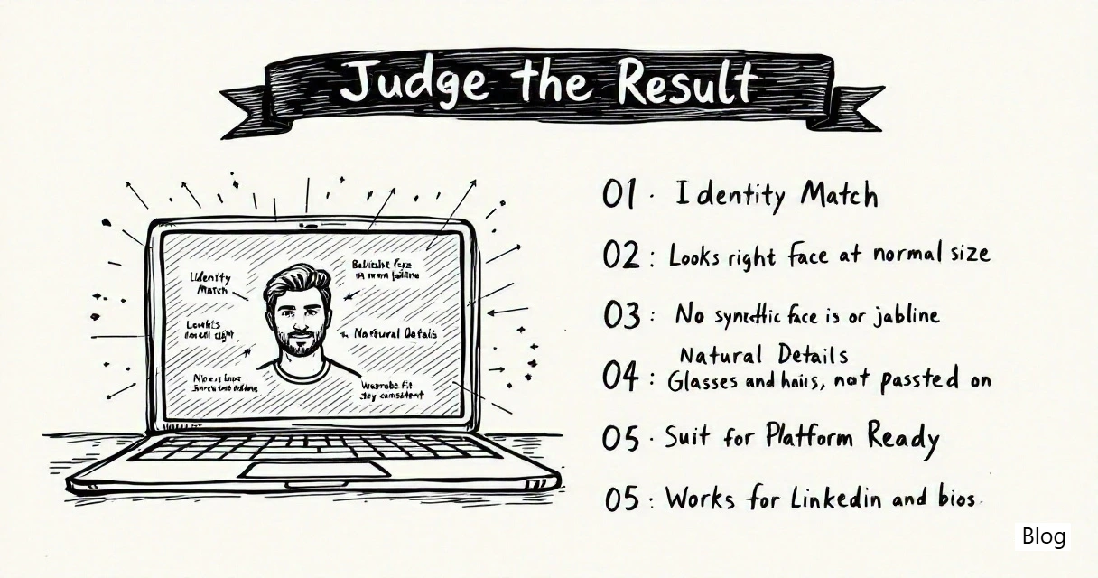 Annotated checklist diagram for judging realism, styling, and workflow in AI headshot tools.