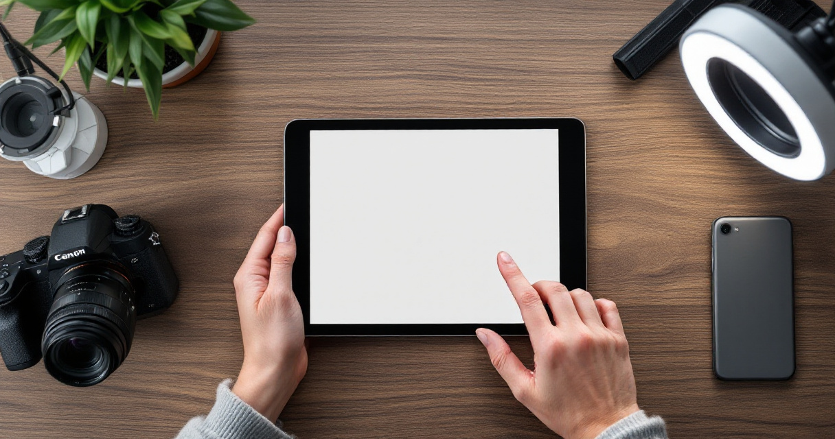 Hands adjusting a square portrait crop on a tablet beside camera and black smartphone
