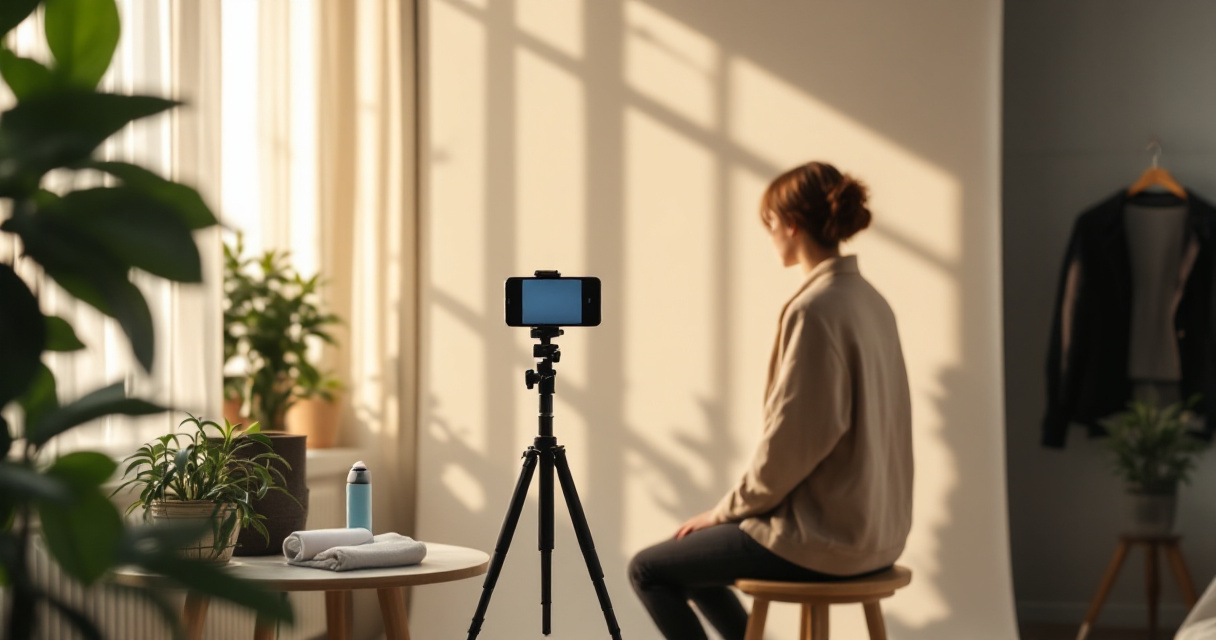 Smartphone on tripod photographing a clean profile photo setup near a window with black jacket