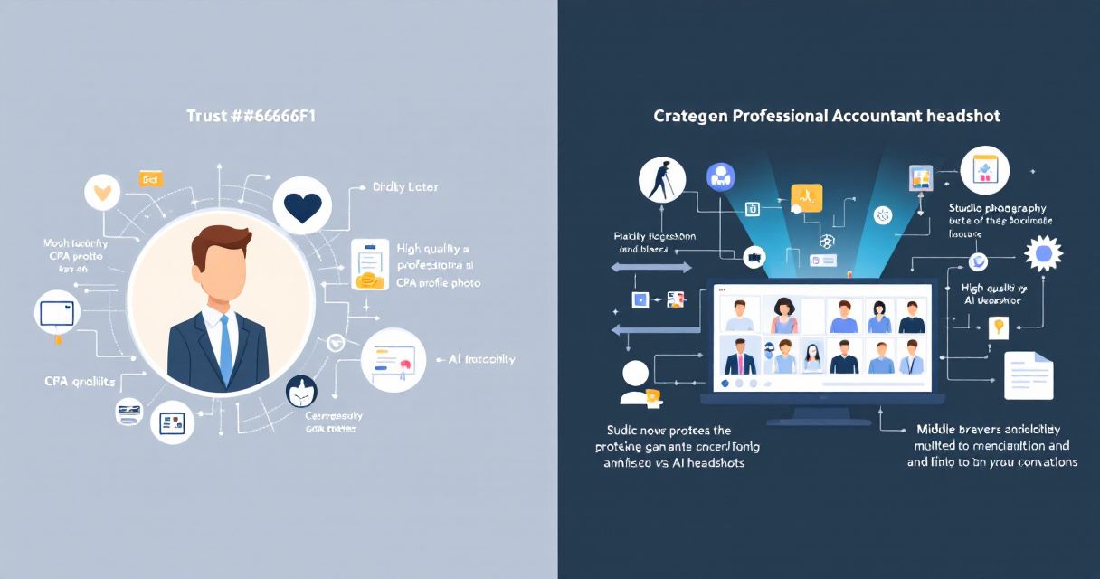 Modern infographic showing how accountants create professional CPA headshots, including trust elements, photo quality factors, studio vs AI options, home setup, branding use, and global professionalism.