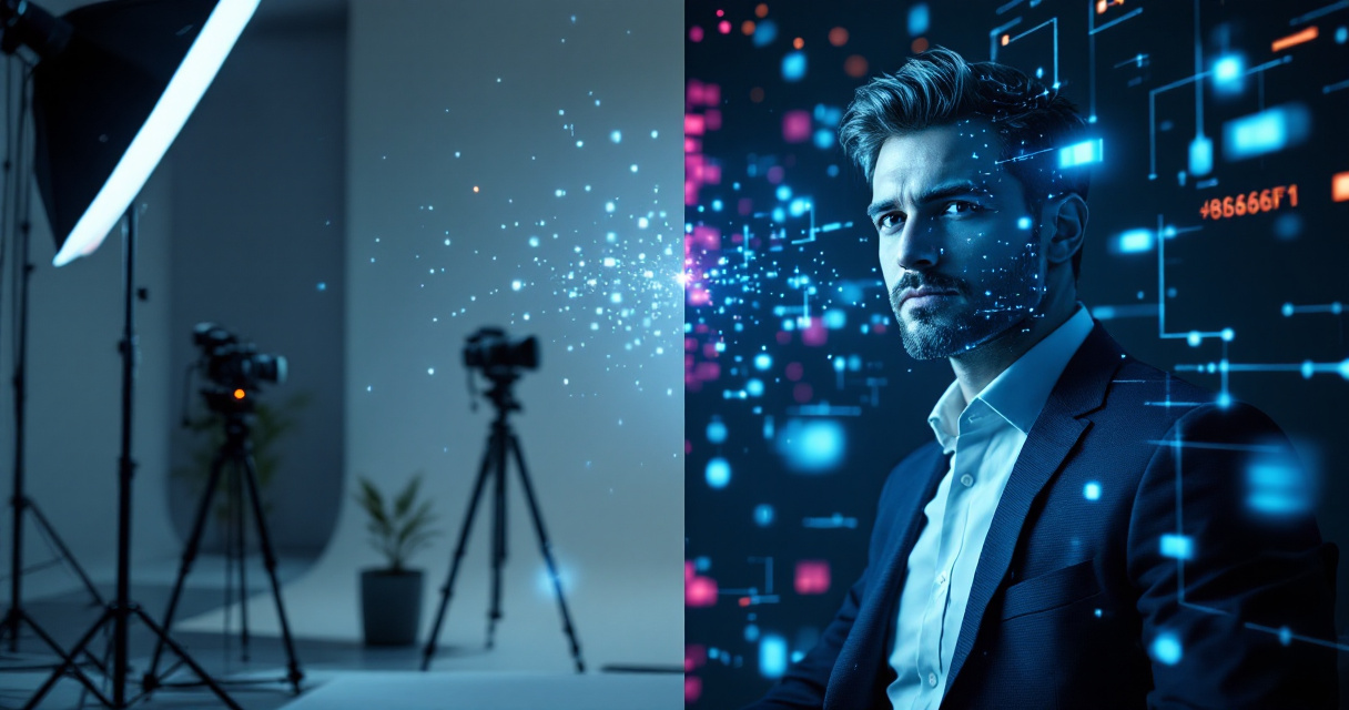 Comparison concept of studio photographer and AI-generated professional accountant portrait in futuristic setting
