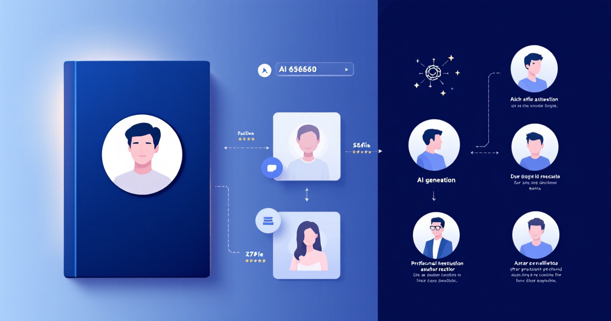 Infographic showing how AI generates professional author headshots for book jackets and marketing, including style choices and comparison with traditional photoshoots.
