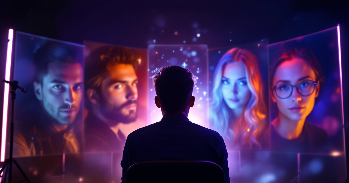 Writer evaluating multiple AI-generated portrait styles representing different author genres in a cinematic studio