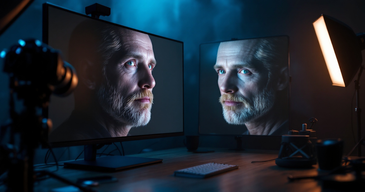 Distorted AI author portrait on screen with mirrors revealing lighting and realism mistakes