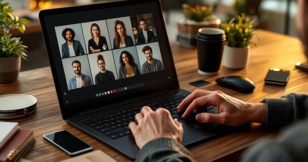 Professional comparing AI-generated business headshot options on a laptop in a home office
