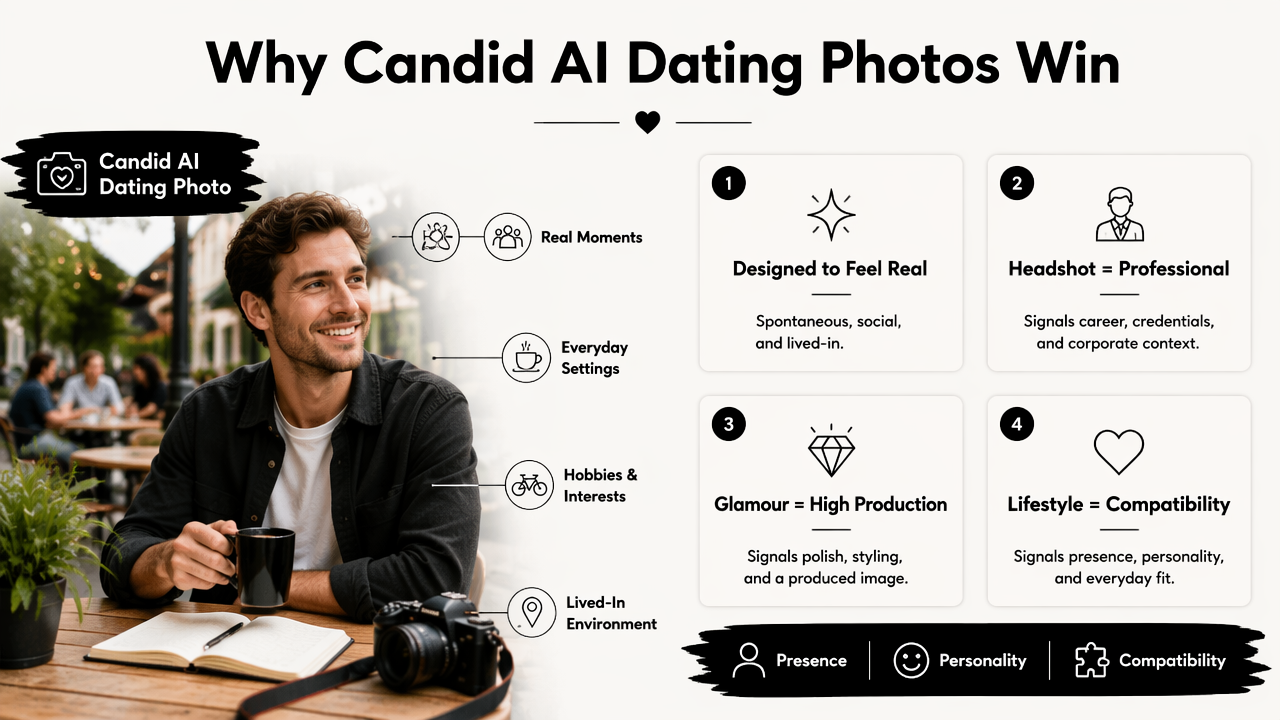 Illustration for How do candid AI dating photos differ from headshots and glamour images?