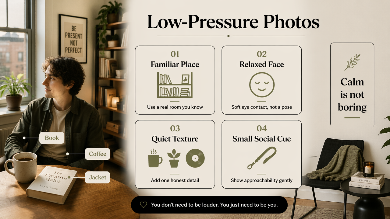 Infographic of low-pressure dating photo choices with familiar settings and calm details.