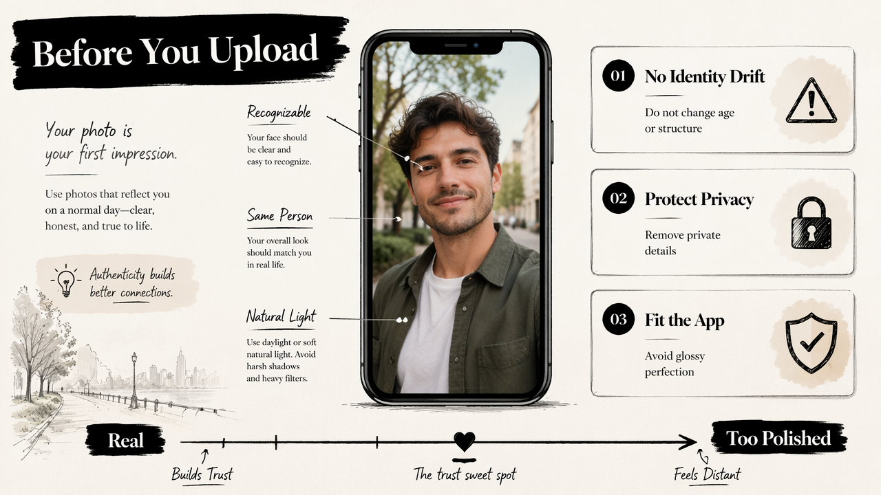 Checklist illustration showing identity, privacy, and realism checks before using AI dating photos.