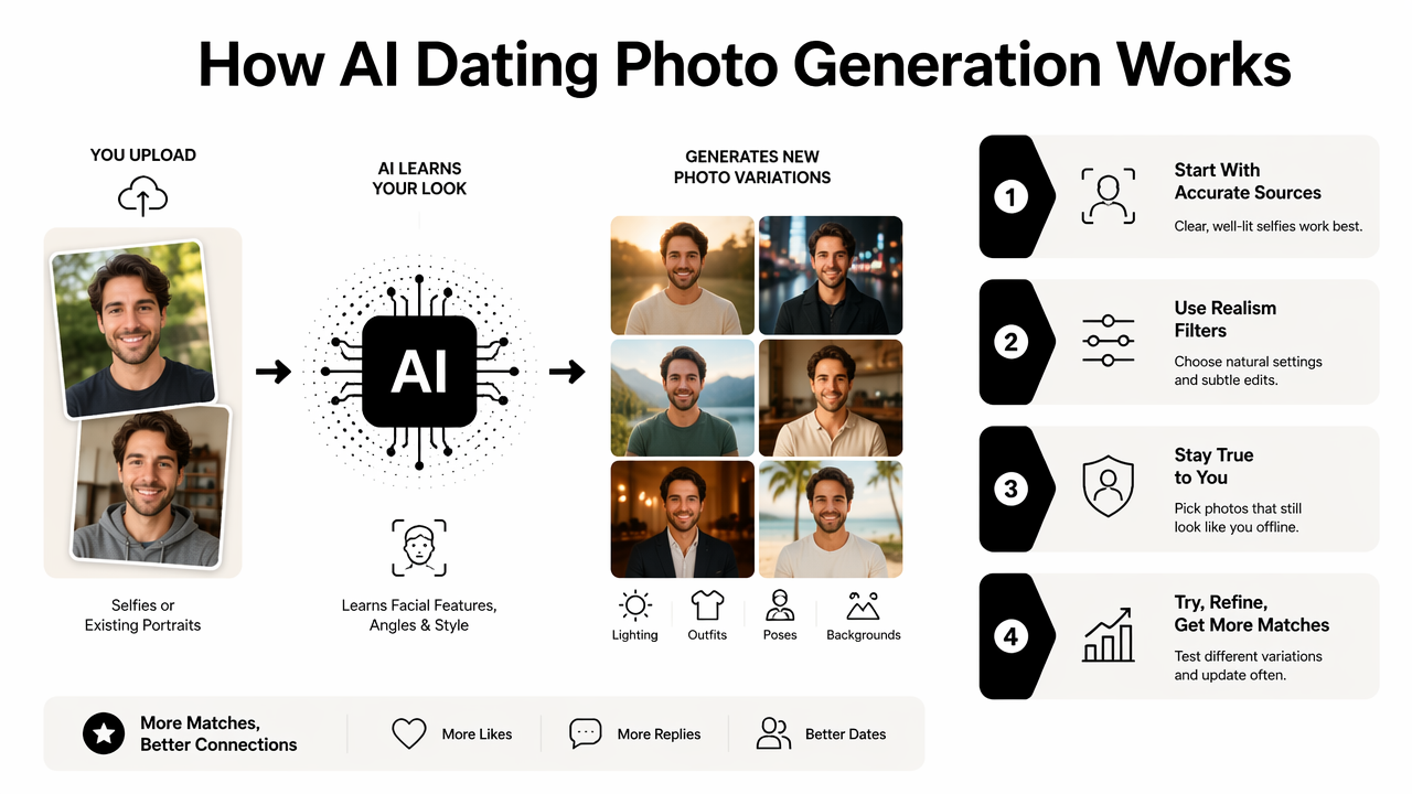 Illustration for How does AI dating photo generation work?