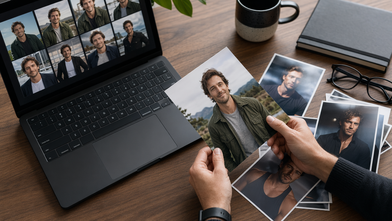 Hands reviewing realistic AI dating profile photo options on a desk