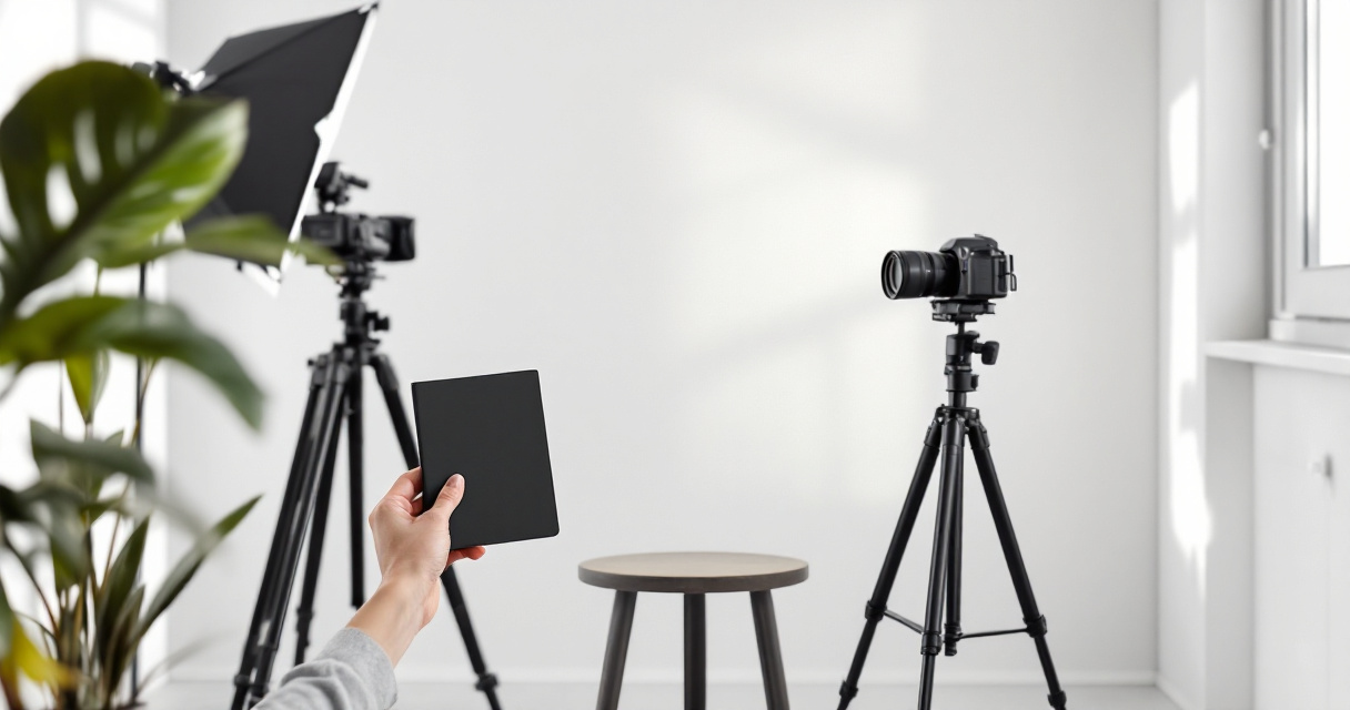 Passport photo setup showing neutral background, camera, and document requirements