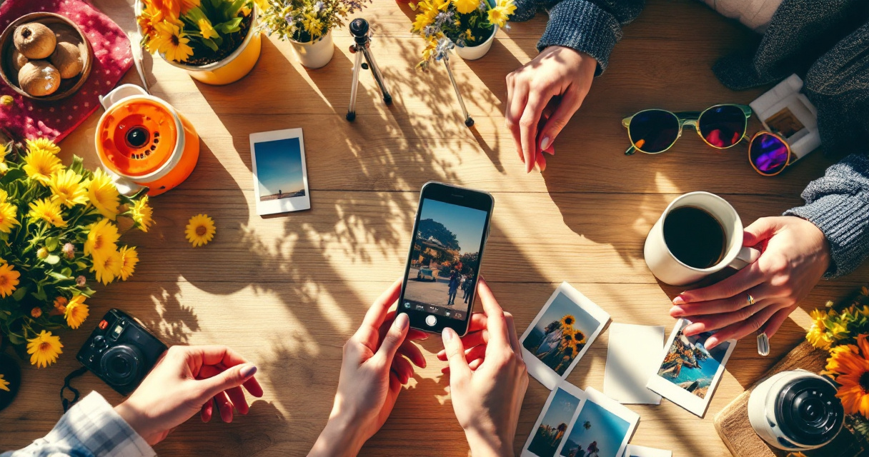 Overhead editorial photo of friends planning creative AI friendship photos with props on a sunlit table