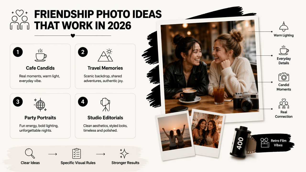 Illustration for Which AI friendship photo ideas work best in 2026?