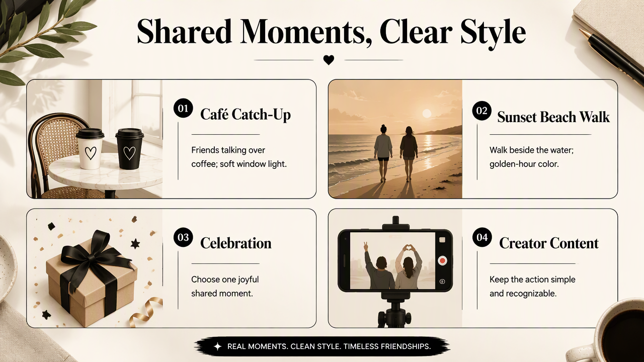 Four friendship photo ideas show café coffee, a sunset beach walk, a celebration, and simple creator content.