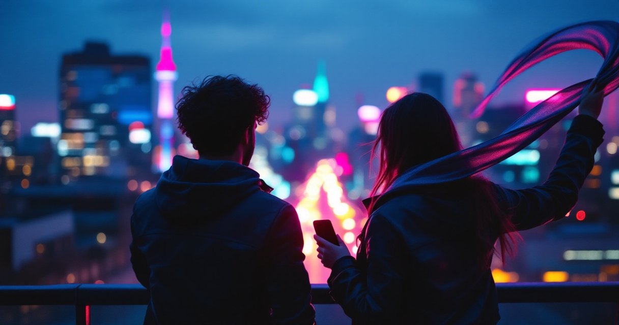 Silhouetted friends on neon-lit rooftop experimenting with dramatic photo styles at dusk