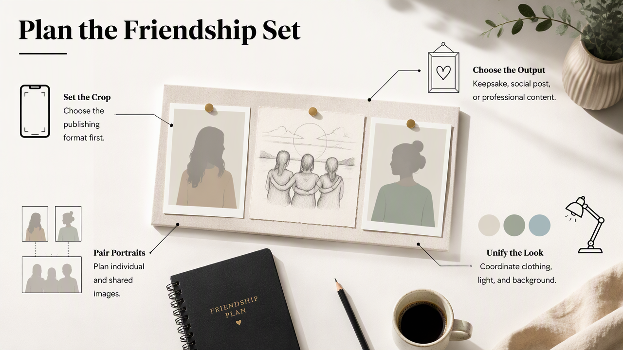 A creator plans coordinated friendship portraits, a shared scene, visual direction, and publishing crops on a desk.