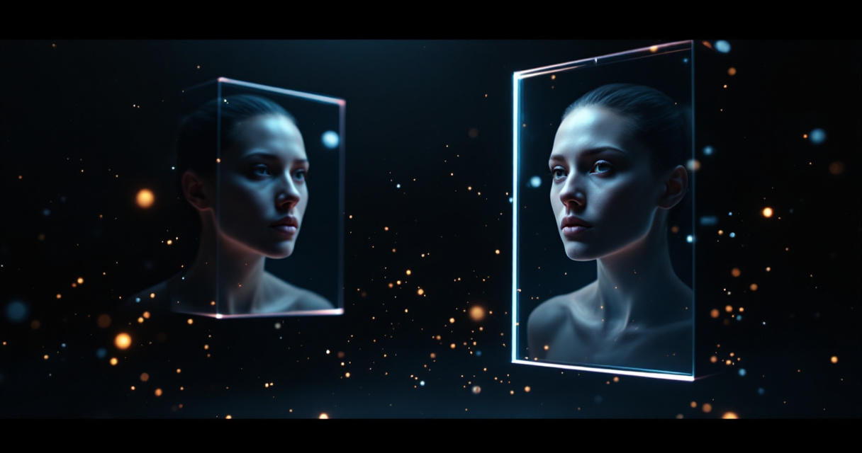 Contrasting realistic and AI generated faces within floating video frames illustrating detection difficulty