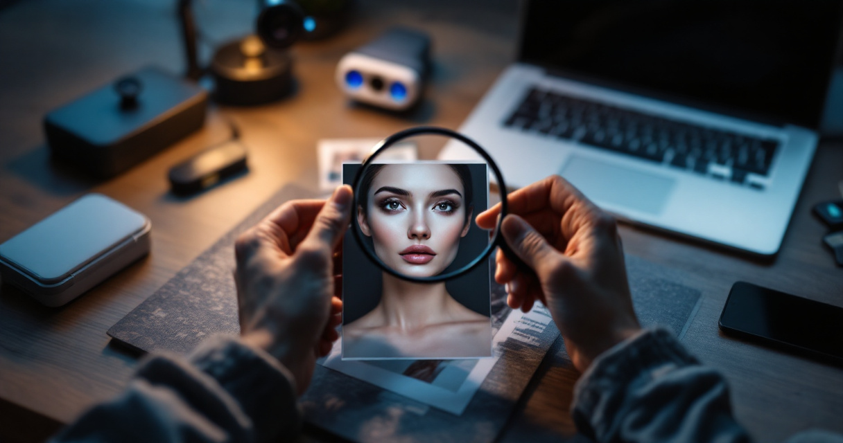 Privacy-focused review desk checking AI profile photo quality before publishing