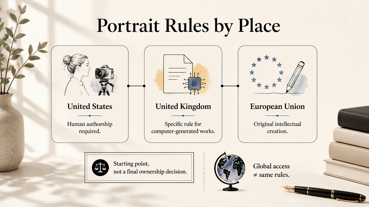 Three jurisdiction cards compare U.S., U.K., and EU copyright approaches to AI-generated professional portraits.