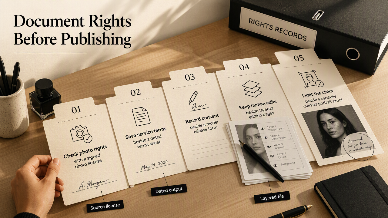 Studio desk workflow shows rights checks, saved terms, consent, human edits, and careful copyright claims.
