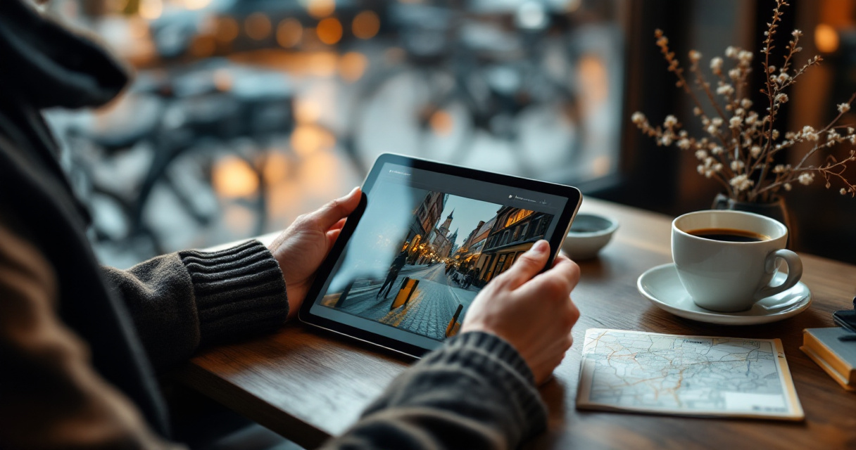 Creator composing natural Germany-inspired AI portraits at a Berlin café table