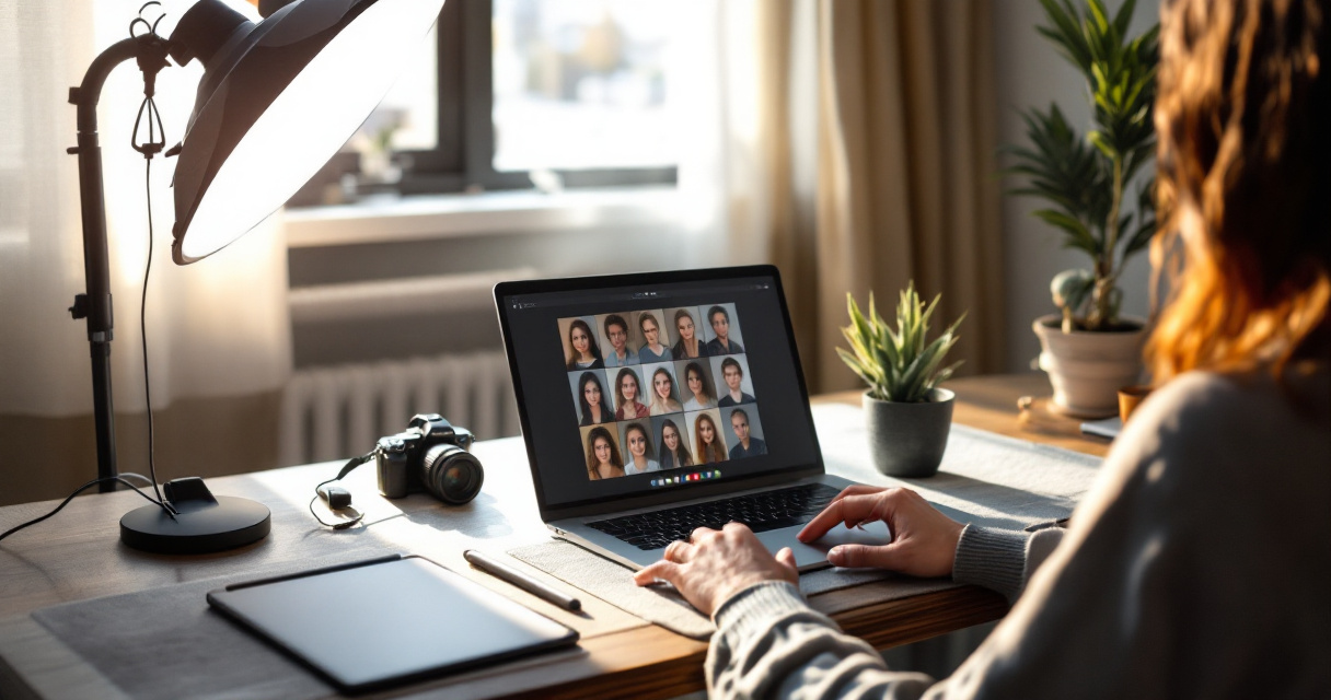Over-the-shoulder view of laptop generating AI headshots beside camera and ring light in home studio