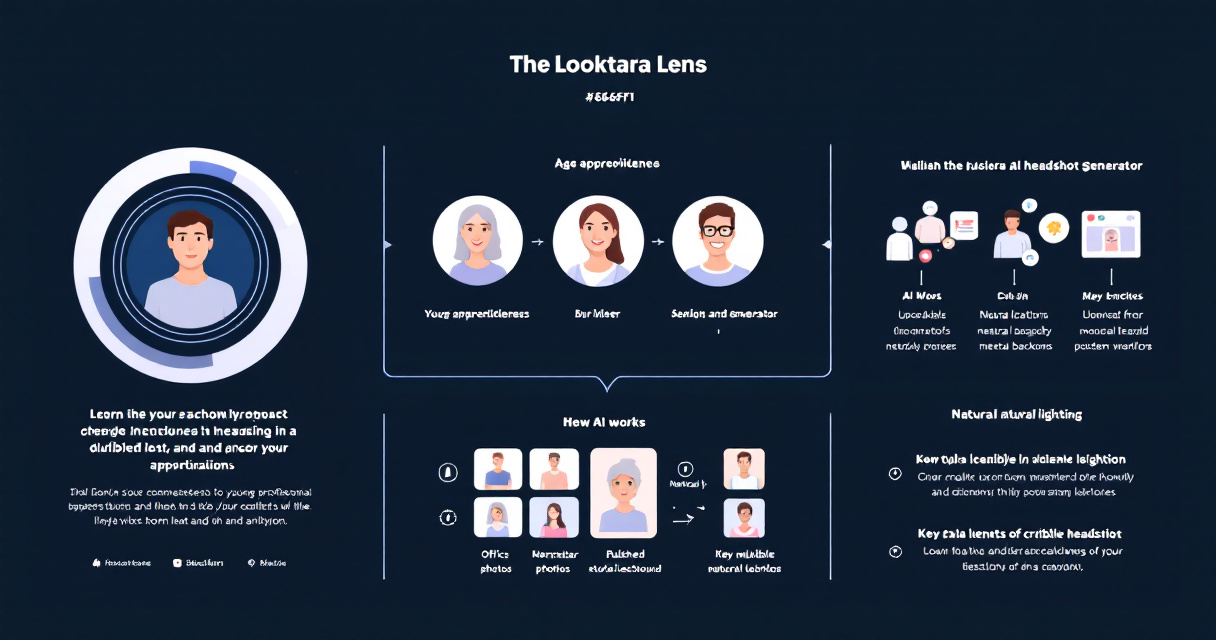 Modern infographic illustrating how AI generates age‑appropriate professional headshots and how to use them consistently across platforms.