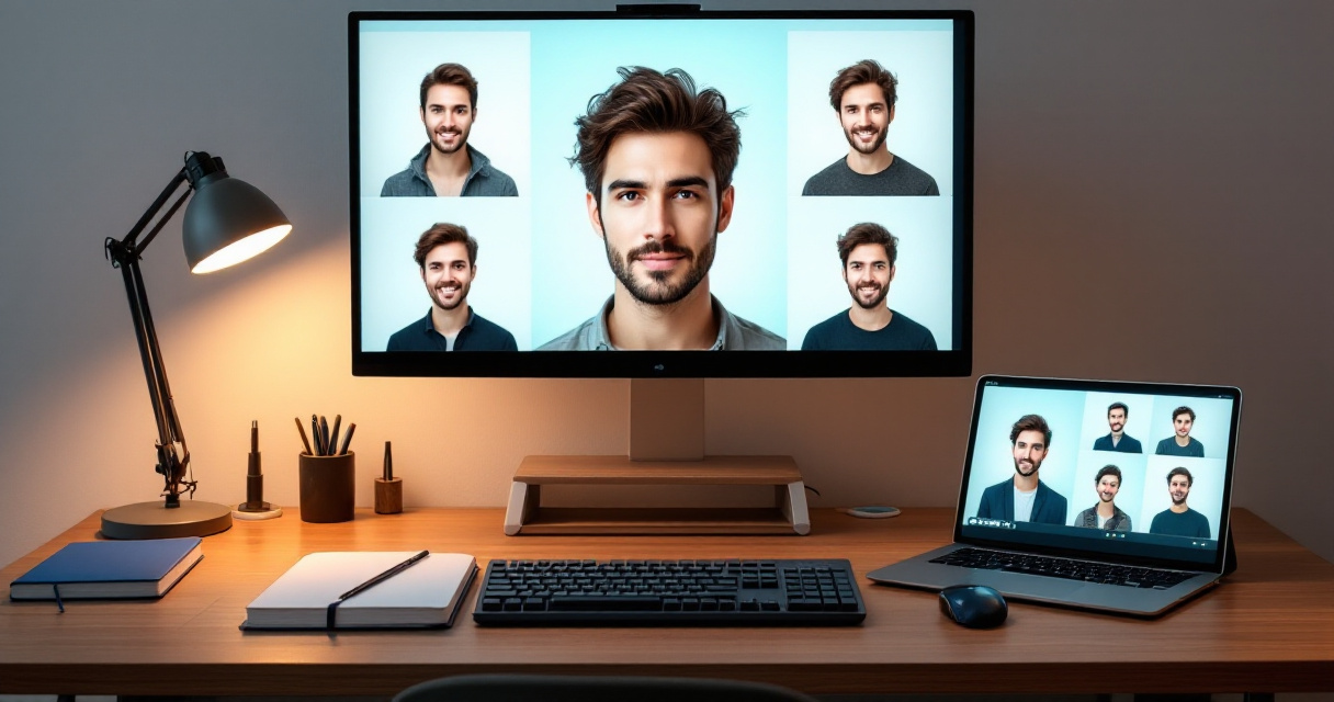 Developer reviewing multiple AI generated professional headshot variations on a monitor during API evaluation