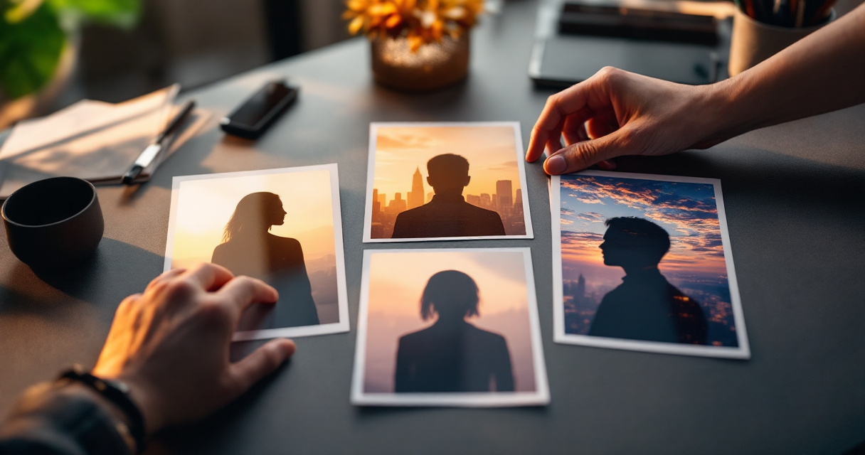 Printed headshot photos with varied professional AI backgrounds arranged on a black desk
