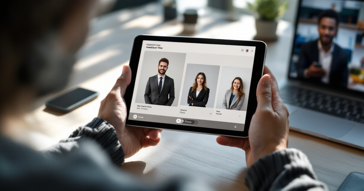 Person comparing AI headshot backgrounds on tablet with phone and laptop nearby