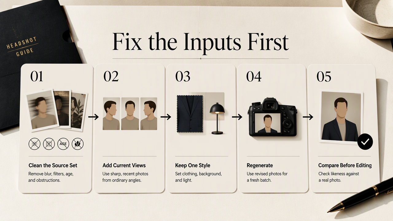 Five-step infographic for improving AI headshots by replacing weak source photos and comparing fresh results with a real photo.