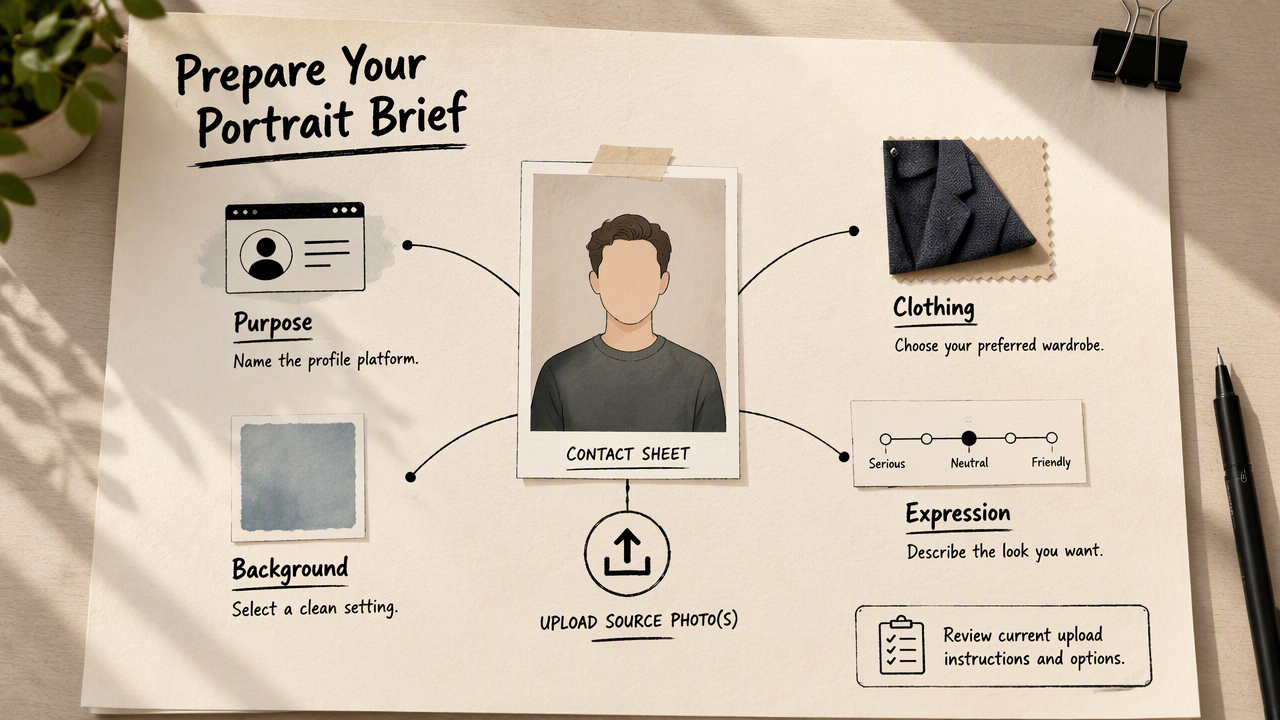 Annotated portrait brief showing platform, clothing, background, expression, and upload-option checks before choosing an AI profile image.